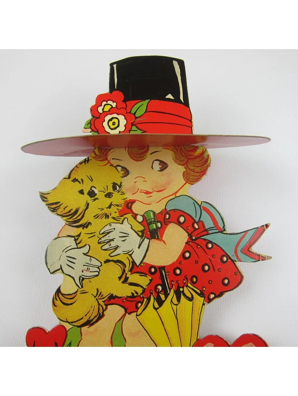 Vintage Valentine Card Die Cut Girl 3D Red Hat Havanese Puppy Dog LARGE Stand Up